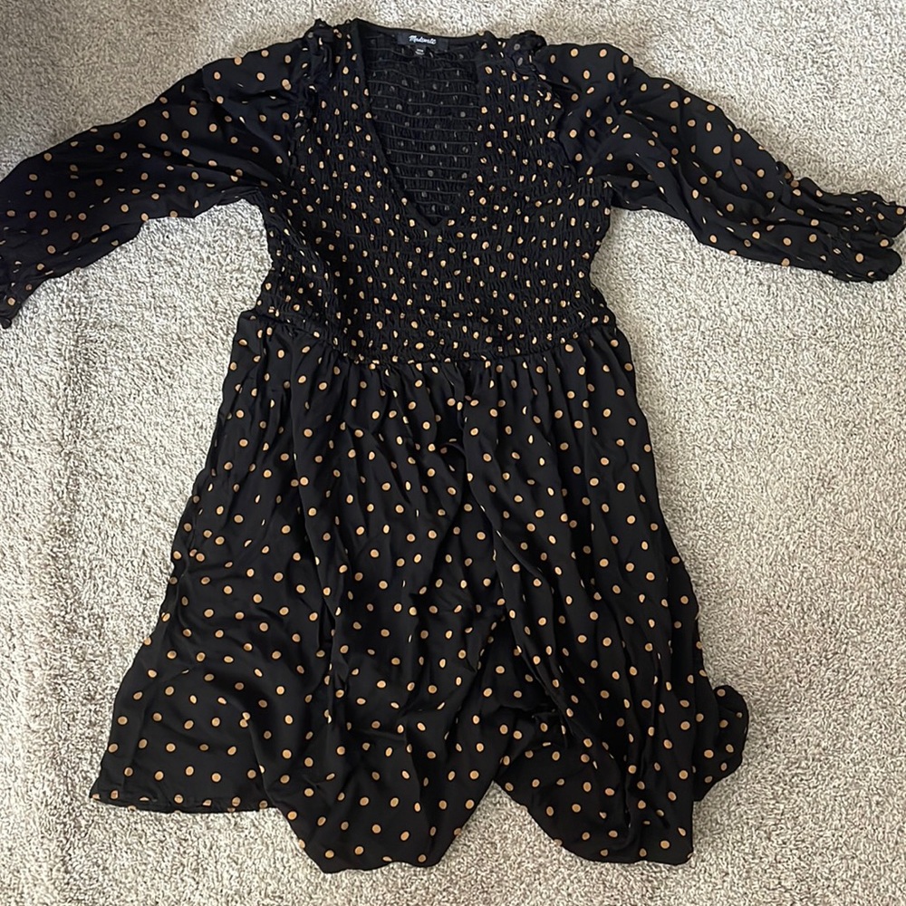 Madewell black and gold mini polka dot dress xxs